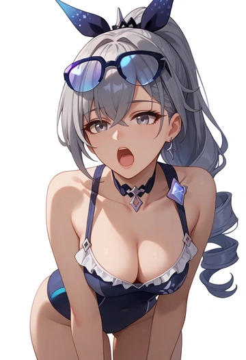 star rail,silver wolf,retro style swimsuit,frilled neckline,bow detail  - AI generated anime art